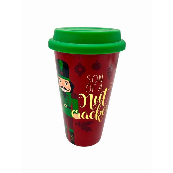 NWT NOVELTY SON OF A NUTCRACKER ELF CERAMIC TRAVEL COFFEE MUG LID CHRMNG CHARLIE - Picture 1 of 7